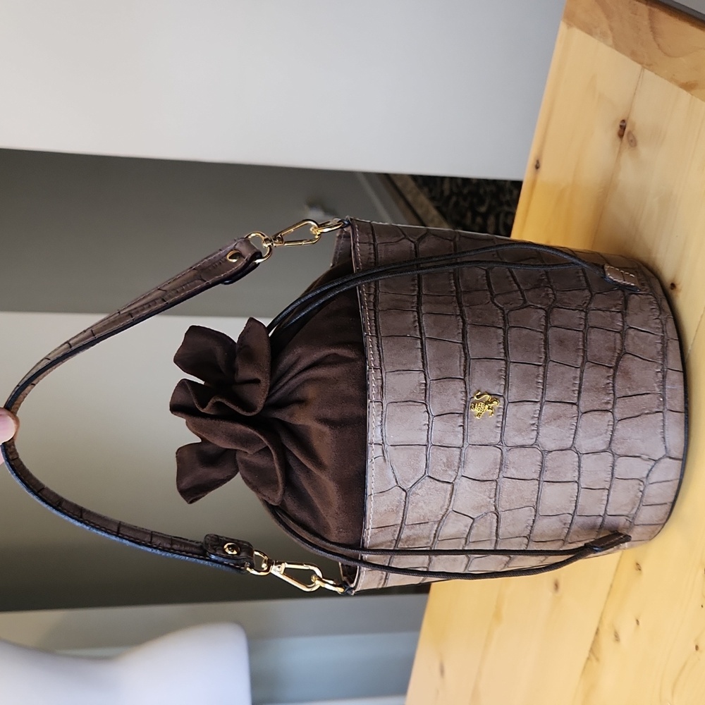 Croc-Embossed Bucket Bag with Drawstring Pouch - Taupe/Brown